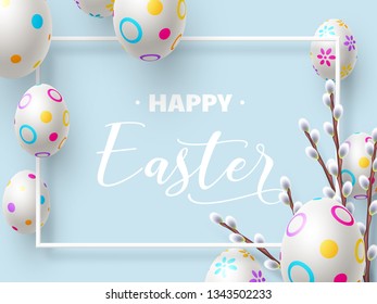 Happy Easter holiday composition with 3d Easter eggs and willow branches on blue background. Top view with copy space. Vector illustration. - Vector