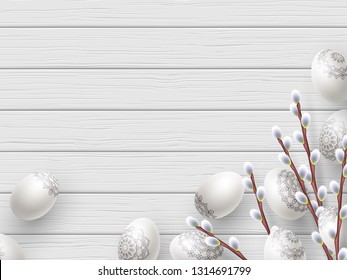 Happy Easter holiday composition with Easter eggs and willow branches on white wooden background. Top view with copy space. Vector illustration.