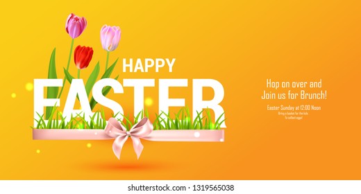 Feliz concepto de vacaciones de Pascua. Hermoso cartel vectorial de Pascua realista y naranja.