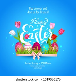 Feliz concepto de vacaciones de Pascua. Hermoso fondo Feliz Pascua y tulipanes. Marco vectorial festivo.