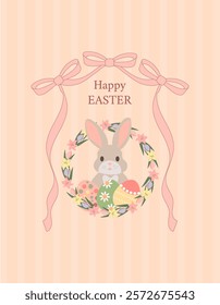 Happy Easter. Holiday concept. Easter wreath and bunny in ribbon frame. Vector illustration.