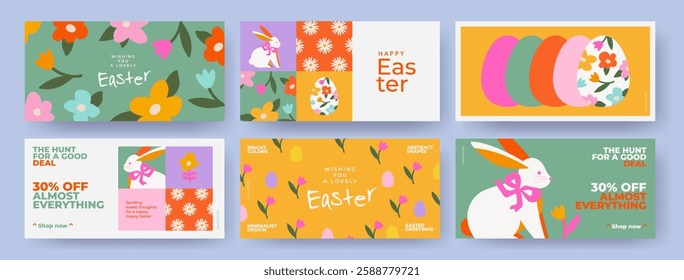 Happy Easter holiday covers or horizontal posters, greeting cards in modern geometric style for web, branding, social media advertising, promo, print, sales. Trendy Easter layout design templates