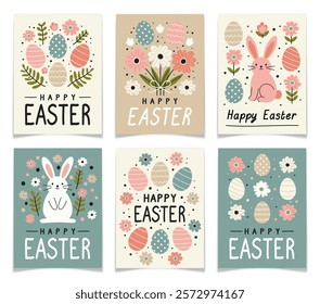 Happy Easter holiday cute greeting cards set. Spring hand drawn flowers, leaves, dots, eggs and bunny in pastel colors. Childish print for posters, postcards, social media, flyers. Vector illustration