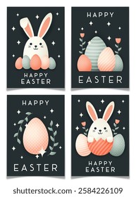 Happy Easter holiday cute greeting cards set. Spring hand drawn flowers, leaves, dots, eggs and bunny in pastel colors. Childish print for posters, postcards, social media, flyers. Vector illustration