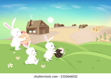 Happy Easter, holiday, cute white bunny playing on grass hill, egg hunt poster, agriculture landscape scene, rabbit kid cartoon fantasy story, vector background illustration