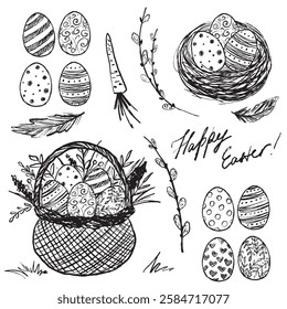 Happy Easter holiday decoration in brush stroke texture isolated on white background. Hand drawn vector sketch illustration in vintage charcoal ink. Easter eggs design, basket and nest, willow branch