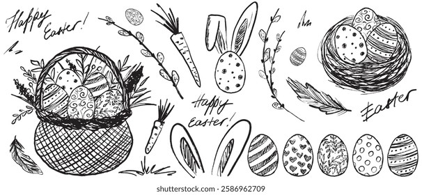 Happy Easter holiday decoration in brush stroke texture isolated on white background. Hand drawn vector sketch illustration in vintage charcoal ink. Easter eggs design, basket, nest, willow branch