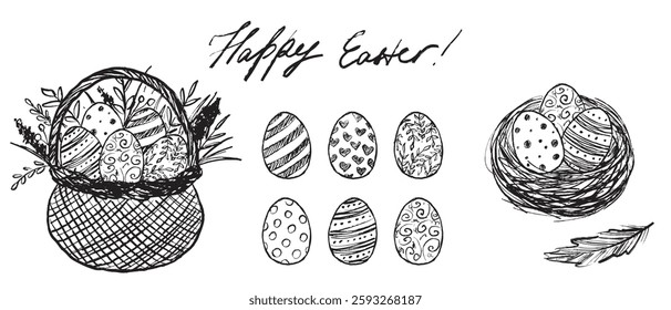 Happy Easter holiday decoration in brush stroke texture isolated on white background. Hand drawn vector sketch illustration in vintage charcoal ink. Easter eggs design, basket and nest, willow branch