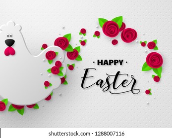 Happy Easter holiday design. 3d paper cut hen decorated flowers. White spotted background. Vector.