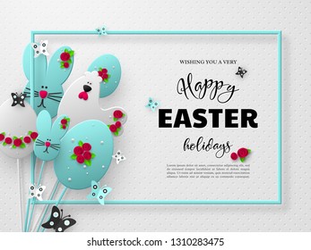 Happy Easter holiday design. 3d paper cut eggs, bunnies and hens decorated flowers with frame and butterfly. White spotted background. Vector.