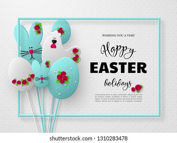 Happy Easter holiday design. 3d paper cut eggs, bunnies and hens decorated flowers with frame. White spotted background. Vector.