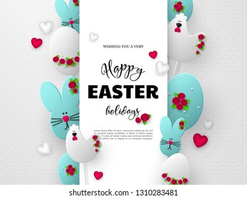 Happy Easter holiday design. 3d paper cut eggs, bunnies and hens decorated flowers with hearts. White spotted background. Vector.