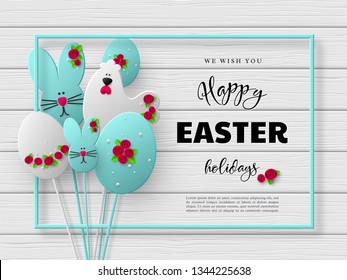 Happy Easter holiday design. 3d paper cut eggs, bunnies and hens decorated flowers with frame. White wooden background. Vector.