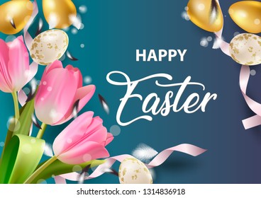 Happy Easter holiday design banner. Beautiful banner with realistic 3d golden and quail Easter eggs, pink tulips, satin ribbons and quail feathers on dark background. Vector illustration.