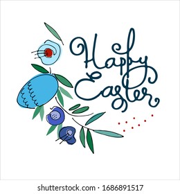 Happy Easter holiday design with hand-lettered greetings, flowers and egg. Isolated on white background