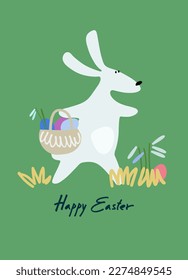Feliz diseño de vacaciones de Pascua con saludos con letras a mano, conejito de Pascua con una canasta de huevos