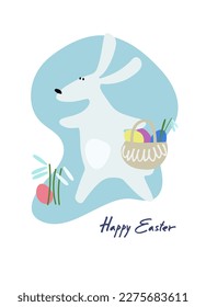 Happy Easter holiday design with hand-lettered greetings, Easter bunny with a basket of eggs