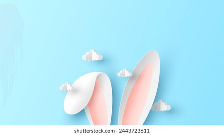 Happy easter holiday design with rabbit ears. Easter background with bunny ears and cloud. bunny  ears.  paper cut and craft style. vector, illustration.