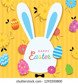 Happy Easter holiday design with shape of rabbit bunny head on painted eggs and flowers background.