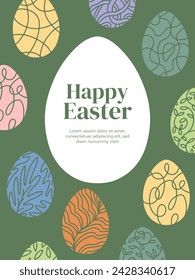 Happy Easter holiday design template with painted colorful eggs, ovoid frame, text. Easter greeting card, poster, invitation, egg shape design element, banner. Pattern, background, vector illustration