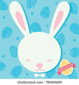 Happy Easter holiday design with white rabbit bunny face and painted eggs on blue background.