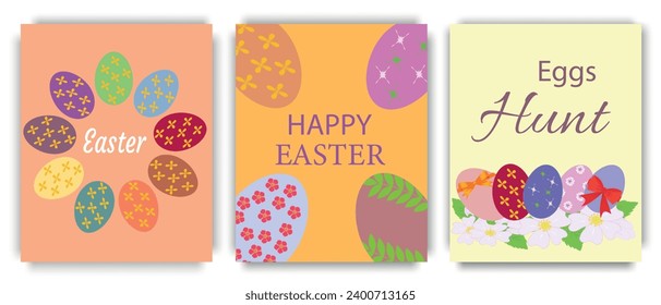 Happy Easter holiday, Easter egg hunt posters or invitation template with floral design of painted eggs on bed background. International spring holiday design. Vector illustration.