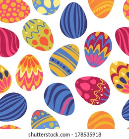 Happy Easter! Happy holiday eggs pattern, seamless background for your greeting card design. Cute decorated easter eggs