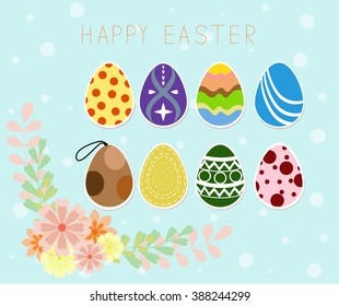 Happy easter holiday. Easter eggs. shining on blue background. Vector illustration. Happy easter greeting card.