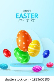 Happy Easter holiday flyer. Color eggs with Easter decoration and golden confetti on blue podium. Vector illustration with 3d decorative objects.