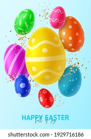 Happy Easter holiday flyer. Color eggs with Easter decoration and golden confetti. Vector illustration with 3d decorative objects.