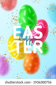 Happy Easter holiday flyer. Color eggs with Easter decoration and golden confetti. Vector illustration with 3d decorative objects.