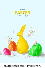 Happy Easter holiday flyer. Color eggs with Easter decoration, rabbit, white eggs and golden confetti. Vector illustration with 3d decorative objects. Holiday spring poster, card, cover, banner.
