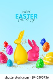 Happy Easter holiday flyer. Color eggs with Easter decoration, rabbits and golden confetti. Vector illustration with 3d decorative objects. Holiday spring poster, card, cover, flyer.
