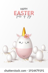 Happy Easter holiday flyer. Cute unicorn from egg with gold horn, white eggs and golden confetti. Vector illustration with 3d decorative objects for Easter design. Greeting card.