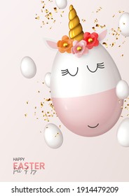 Frohe Ostern Ferienflyer. Aus Ei mit goldenem Horn, weißen Eiern und goldenen Konfetti zittern. Vektorgrafik mit 3D-Zierobjekten für Osterdesign. Grußkarte.
