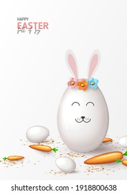 Volante feliz de las vacaciones de Pascua. Conejo de huevo a base de flores de color, huevos blancos, zanahorias y confeti dorado. Ilustración vectorial con objetos decorativos 3d para el diseño de Pascua. Tarjeta de felicitación.