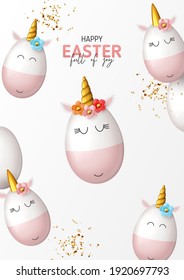 Happy Easter holiday flyer. Cute unicorns from eggs with gold horns, white eggs and gold confetti. Vector illustration with 3d decorative objects for Easter design. Greeting banner.