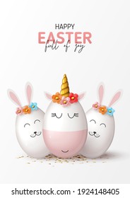 Happy Easter holiday flyer. Cute unicorn and rabbits from eggs with color flowers, gold confetti. Vector illustration with 3d decorative objects for Easter design. Greeting card.