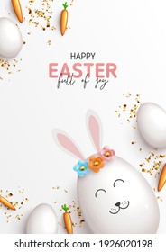 Happy Easter holiday flyer. Cute rabbit from egg with color flowers, white eggs, carrots and gold confetti. Vector illustration with 3d decorative objects for Easter design. Greeting card.