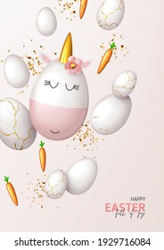 Happy Easter holiday flyer. Cute unicorn from egg with gold horn, white eggs, carrots and gold confetti. Vector illustration with 3d decorative objects for Easter design.