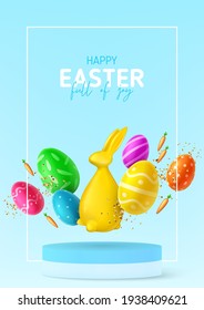 Happy Easter holiday flyer. Eggs with Easter decoration, rabbit, carrots and confetti on podium with frame. Vector illustration with 3d decorative objects. Holiday spring poster, card, cover, banner.