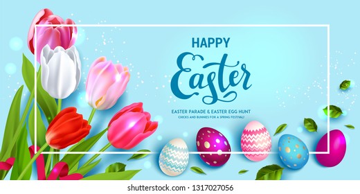 Frohe Ostern Urlaub Rahmen. Schöner Hintergrund mit realistischen Ostereiern und Tulpen. Festliche Vektorgrafik.