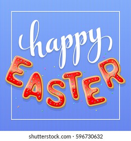 Happy Easter holiday gingerbread lettering on blue background. Vector illustration
