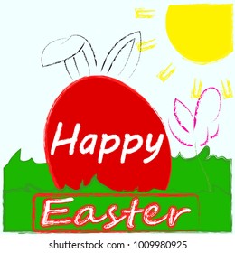 Happy Easter . Happy Holiday . Grass with flower . Sun . Bunny ears .