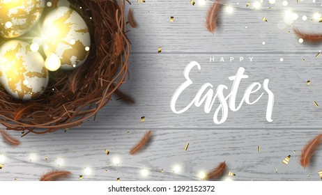 Happy Easter holiday greeting banner. Beautiful background with realistic wicker nest, white golden eggs, sparkling gold confetti, shining garland and chicken feathers. Holiday vector illustration.