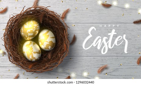Happy Easter holiday greeting banner. Beautiful background with realistic wicker nest, white golden eggs, sparkling gold confetti, shining garland and chicken feathers. Holiday vector illustration.