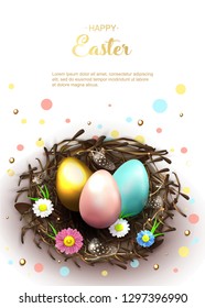 Happy Easter holiday greeting banner. Beautiful background with realistic wicker nest, pink, blue and golden eggs, spring flowers and chicken feathers. Holiday vector illustration