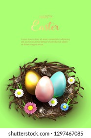 Happy Easter holiday greeting banner. Beautiful background with realistic wicker nest, pink, blue and golden eggs, spring flowers and chicken feathers. Holiday vector illustration