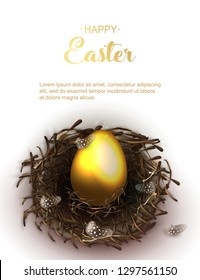 Happy Easter holiday greeting banner. Beautiful background with realistic wicker nest and golden egg fand chicken feathers on white background. Holiday vector illustration