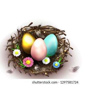 Happy Easter holiday greeting banner. Beautiful background with realistic wicker nest, pink, blue and golden eggs, spring flowers and chicken feathers on white. Vector illustration